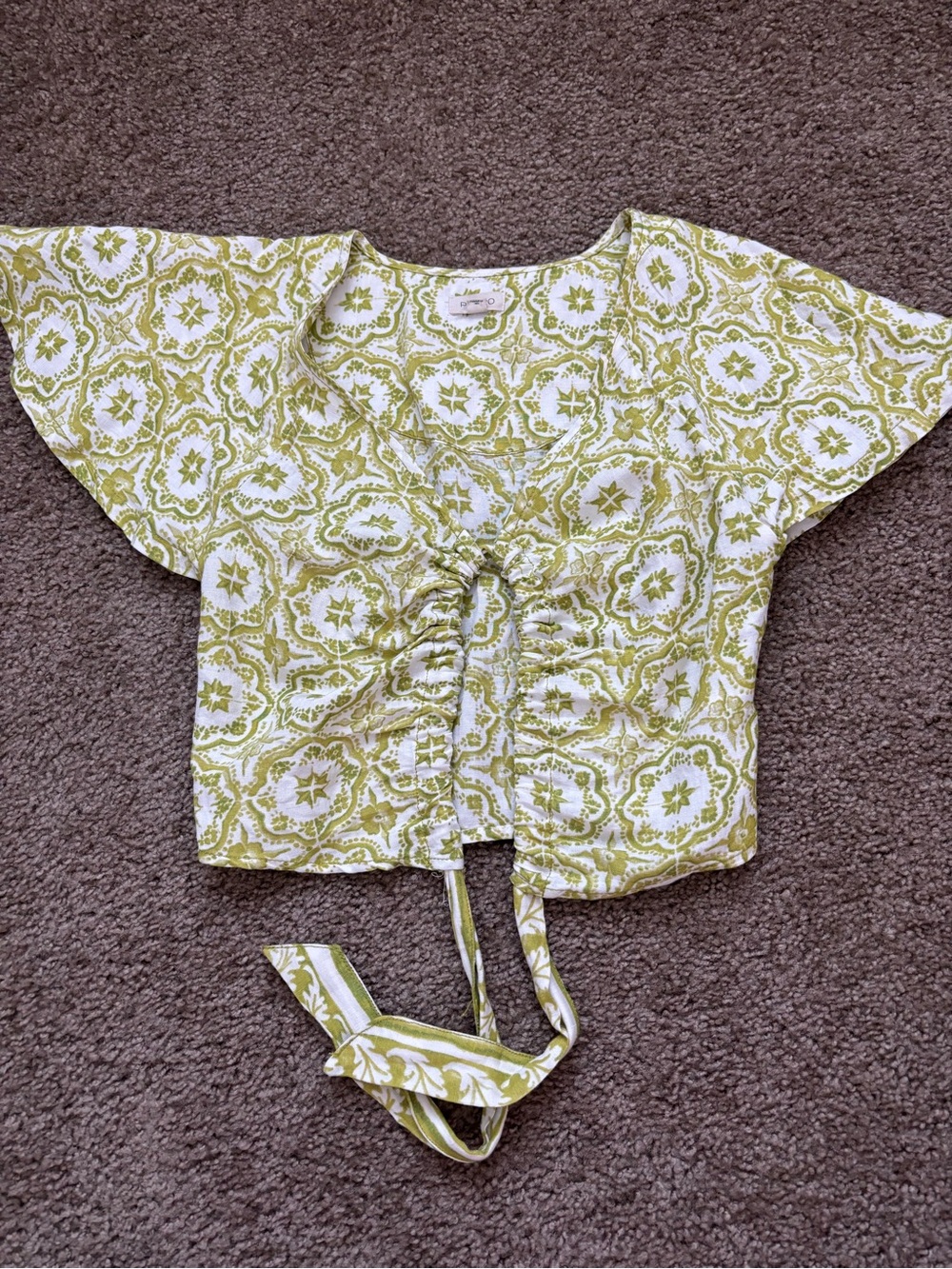 Pilcro Green and White Tie-Front Crop Top